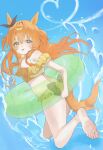  1girl animal_ears ass bare_shoulders bikini blush breasts brown_ribbon commentary_request ear_ribbon hair_between_eyes heart highres holding holding_swim_ring horse_ears horse_girl horse_tail innertube long_hair looking_at_viewer mayano_top_gun_(umamusume) orange_eyes orange_hair orange_tail ppingjjyu_(u3pri) ribbon small_breasts solo swim_ring swimsuit tail tongue tongue_out two_side_up umamusume water yellow_bikini 