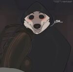 ambiguous_species anthro balls big_balls big_penis black_balls black_clothing black_penis black_sclera blush bodily_fluids canid canine canis cloak clothed clothing death_(puss_in_boots) dialogue dreamworks duo facial_markings front_view fur fuzzy genitals glans glistening glistening_balls glistening_genitalia glistening_penis grey_background grey_body grey_fur head_markings hi_res hood hood_up hooded_cloak kento267 looking_at_genitalia looking_at_penis male male/male mammal markings mask_(marking) mostly_offscreen_character mostly_offscreen_male motion_lines offscreen_character offscreen_male penis poncho puss_in_boots_(franchise) red_eyes signature simple_background solo_focus standing surprised sweat text thick_penis vein watermark wide_eyed wolf