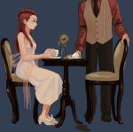  1boy 1girl ace_attorney chair coffee_cup cup dahlia_hawthorne diego_armando disposable_cup dress flower highres red_hair renshu_usodayo sleeveless spill table vest white_dress wilted_flower 