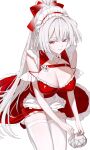  1girl alternate_costume animal_ears apron bangko bow breasts cat_ears cat_girl cat_tail cleavage closed_mouth colored_eyelashes commentary_request cup dress enmaided hair_bow highres hiyuki_(wuthering_waves) holding holding_teapot kemonomimi_mode korean_commentary large_breasts looking_at_viewer maid maid_headdress ponytail red_bow red_dress red_eyes seiza sitting solo tail teapot thighhighs thighs white_background white_eyelashes white_hair white_thighhighs wuthering_waves yunomi 