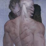  2boys absurdres black_shirt closed_eyes creamyghost emiel_regis from_behind geralt_of_rivia grey_background grey_hair hand_on_another's_head highres jewelry male_focus mature_male multiple_boys multiple_scars muscular muscular_male necklace ponytail receding_hairline scar scar_on_back shirt short_hair short_ponytail simple_background the_witcher_(series) the_witcher_3 upper_body white_hair yaoi 