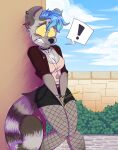 anthro blue_hair bodily_fluids clothing female genital_fluids hair hi_res kinky_spy lemur mammal maria_(awesomeopossum99) outside peeing primate ring-tailed_lemur solo strepsirrhine urine watersports wetting