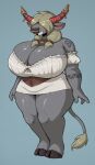 absurd_res anthro big_breasts blizzard_entertainment bovid bovine breasts clothing corset cowbell cowbell_collar facial_piercing female fimif fur gap_teeth grey_body grey_fur hair hair_over_eyes hi_res huge_breasts lingerie mammal nose_piercing piercing smile solo tauren thick_thighs topwear warcraft wide_hips