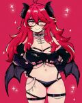  1girl bikini black_bikini black_choker black_gloves black_hair blush bra breasts chain choker cleavage collar collarbone commentary_request demon_girl demon_horns demon_wings elbow_gloves fingerless_gloves glasses gloves hands_on_own_hips highres horns large_breasts lingerie long_hair mizzu_(mizzuiita) mizzuiita navel original red_background red_hair shiny_skin smile spanish_commentary swimsuit thigh_strap torn_clothes underwear wings yellow_eyes 