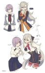  2girls blue_jacket blue_skirt carimarica commentary_request cup fate/grand_order fate_(series) glasses gloves grey_hair hand_on_own_hip highres holding holding_cup jacket long_hair mash_kyrielight mash_kyrielight_(chaldea_uniform) multicolored_jacket multiple_girls olga_marie_animusphere olga_marie_animusphere_(unbeast) open_clothes open_jacket orange_eyes orange_jacket pantyhose pointing purple_eyes purple_hair red_gloves red_pantyhose shirt short_hair skirt smile two-tone_jacket white_background white_jacket white_shirt 