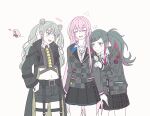  3girls arm_hug arms_at_sides bangs_pinned_back belt black_belt black_coat black_shorts black_skirt blush breasts cardigan center_frills chibi closed_eyes closed_mouth coat collared_shirt colored_inner_hair commentary_request contrast_collar cowboy_shot crop_top double_bun dual_persona flat_chest flying_sweatdrops frills green_eyes green_hair grey_cardigan hair_bun hair_ornament hairclip hand_on_own_hip hands_up hatsune_miku highres korean_commentary lapel_pin lapels leo/need_luka leo/need_miku long_hair long_sleeves medium_breasts megurine_luka midriff multicolored_hair multiple_girls navel necktie open_mouth pink_hair pink_necktie plaid_clothes plaid_skirt pleated_skirt project_sekai red_hair red_streaks shirt shorts shout_lines skirt sleeves_past_wrists smile streaked_hair sweatdrop t_wink_ie thigh_strap twintails very_long_hair vivid_bad_squad_luka vivid_bad_squad_miku vocaloid white_background white_shirt x_hair_ornament 
