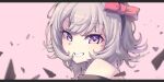  1girl bare_shoulders black_hairband bow coat commentary_request curren_chan_(fille_eclair)_(umamusume) curren_chan_(umamusume) dress ear_bow grey_hair hairband highres horse_girl kasei_ovo letterboxed looking_at_viewer off-shoulder_coat off-shoulder_dress off-shoulder_jacket off_shoulder open_mouth portrait purple_eyes red_bow short_hair smile solo umamusume 