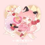  absurdres animal_ear_fluff animal_ears argyle_background banner bare_shoulders bell boots bow bubble_skirt cat_ears cat_girl cat_tail character_name chinese_commentary choker commentary_request cosplay detached_sleeves dress eyelashes food footwear_ribbon frilled_thigh_strap fruit gloves happy heart heart_background highres holding holding_food holding_fruit holding_weapon knee_boots long_hair magical_girl mew_ichigo mew_ichigo_(cosplay) momo_(nikki) momomiya_ichigo nikki_(nikki) nikki_(series) paw_pose pendant_choker pillow pink_background pink_choker pink_dress pink_hair pink_sleeves pleated_dress puffy_short_sleeves puffy_sleeves red_boots red_bow red_gloves shining_nikki short_dress short_sleeves skirt strawbell_bell strawberry tail tail_bell tail_bow tail_ornament tareme thigh_strap tokyo_mew_mew very_long_hair watermark wavy_hair weapon weibo_watermark winged_animal wrist_bow xiaoyu_qixing yellow_eyes 