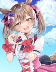  1girl animal_ears black_bow blue_sky blush bow breasts brown_eyes brown_hair center_frills cloud commentary_request frills hair_between_eyes hair_bow heart heart_hands highres horse_ears horse_girl horse_tail looking_at_viewer mimuta multiple_hair_bows open_mouth pink_bow pink_skirt puffy_short_sleeves puffy_sleeves purple_bow shirt short_sleeves skirt sky smart_falcon_(love_4ever)_(umamusume) smart_falcon_(umamusume) smile solo suspender_skirt suspenders tail teeth twintails umamusume upper_teeth_only white_shirt wrist_cuffs 