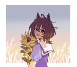  agnes_tachyon_(umamusume) ahoge animal_ears blush brown_hair commentary earrings flower hair_between_eyes highres holding holding_flower horse_ears horse_girl jewelry looking_at_viewer medium_hair open_mouth purple_shirt red_eyes rizumah sailor_collar sailor_shirt school_uniform shirt single_earring smile solo sunflower tracen_school_uniform umamusume untranslatable_commentary white_sailor_collar 