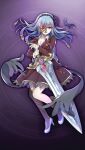  1girl artist_request asymmetrical_legwear black_hairband blue_hair breasts brown_jacket brown_skirt brown_socks brown_thighhighs chaos_cinderella_(gakuen)_(grimms_notes) chaos_cinderella_(grimms_notes) cleavage collarbone extra_hands floating_hair flower full_body game_asset glass_slipper grimms_notes grimms_notes_gakuen hairband holding holding_sword holding_weapon jacket looking_at_viewer mask_over_one_eye mismatched_legwear non-web_source official_art parody parted_lips pink_eyes purple_background purple_flower purple_rose rose single_sock single_thighhigh skirt smile socks solo spiked_hairband spikes style_parody sword thighhighs weapon 