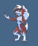 2023 3_claws absurd_res ambiguous_gender anthro blue_background claws colored ear_markings fangs feet floppy_ears fluffy fluffy_tail full-length_portrait fur generation_7_pokemon gloves_(marking) hair hi_res looking_up lycanroc markings midnight_lycanroc momensarada multicolored_body multicolored_fur nintendo open_mouth pokemon pokemon_(species) portrait pupils red_body red_ears red_eyes red_pupils red_sclera simple_background snout solo standing tail teeth toe_claws tongue tongue_out white_body white_hair white_legs white_tail
