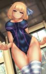  1girl alice_margatroid alice_margatroid_(pc-98) blonde_hair blue_bow blue_eyes blue_hairband blue_legwear blue_swimsuit bow breasts cleavage closed_mouth commentary_request covered_navel dutch_angle groin hair_bow hairband highleg highleg_swimsuit highres large_breasts one-piece_swimsuit oppai_loli short_hair shounen_(hogehoge) smile solo striped striped_legwear swimsuit thighhighs touhou touhou_(pc-98) two-tone_legwear white_legwear younger 