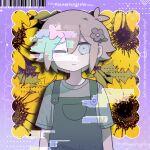  1boy alternate_costume antenna_hair barcode basil_(faraway)_(omori) basil_(headspace)_(omori) basil_(omori) blonde_hair blue_eyes blush closed_mouth commentary dual_persona english_text flower green_hair green_overalls green_shirt hair_flower hair_ornament highres looking_at_viewer male_focus omori one_eye_closed overalls pino_ois1 shirt short_hair short_sleeves solo sunflower t-shirt untranslatable_commentary upper_body 