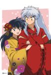  1boy 1girl :d animal_ears bangs black_hair brown_eyes closed_mouth couple crossed_arms eyebrows_visible_through_hair floral_print flower fox_ears grey_hair hair_between_eyes hair_flower hair_ornament hetero highres higurashi_kagome inuyasha inuyasha_(character) japanese_clothes kimono long_hair long_sleeves looking_at_viewer nail_polish official_style orange_eyes pinoko_(pnk623) print_kimono red_flower red_kimono smile standing twitter_username very_long_hair wide_sleeves yellow_kimono yellow_nails yukata 