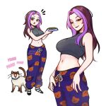  1girl animal animal_print anneecherry armpits arms_up artist_name bear_print black_hair black_nails bowl breasts cat commentary highres large_breasts lips long_hair meowing midriff mole mole_under_mouth nail_polish navel notice_lines original pajama_pants pajamas pants pet pet_bowl pet_food pink_hair shiny_skin smile socks solo spanish_commentary white_background 
