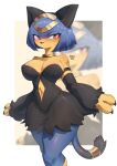  1girl animal_ears animal_hands animal_nose arm_strap artist_name black_dress blue_hair breasts cat_ears cat_girl cat_tail claws cleavage clothing_cutout commentary detached_sleeves diamond_cutout dress english_commentary fangs furry furry_female gold_choker hair_ornament highres large_breasts linea_alba low_neckline navel navel_cutout palworld ravma red_eyes sekhmet_(palworld) slit_pupils snout solo strapless strapless_dress tail tail_ornament tail_ring yellow_fur 
