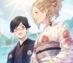  2girls avatar_(ff14) black_hair blonde_hair blue_eyes braid commission final_fantasy final_fantasy_xiv floral_print glasses hair_bun hair_ornament hatsumoude ivris japanese_clothes kimono looking_at_another minfilia_warde multiple_girls obi sash signature skeb_commission smile sunlight torii upper_body 