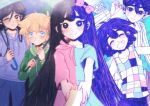  +_+ 2girls 4boys absurdres alternate_costume antenna_hair artist_name aubrey_(faraway)_(omori) aubrey_(headspace)_(omori) aubrey_(omori) basil_(faraway)_(omori) basil_(omori) black_eyes black_hair blonde_hair blue_eyes blue_pants blue_shirt blush bow brother_and_sister brothers checkered_clothes closed_eyes closed_mouth collared_pajamas colored_skin commentary denim double-parted_bangs dual_persona english_commentary flower green_raincoat grin hair_between_eyes hair_bow hair_flower hair_ornament hand_grab hero_(headspace)_(omori) hero_(omori) highres holding holding_umbrella hood hood_down hoodie jeans kel_(headspace)_(omori) kel_(omori) long_hair long_shirt long_sleeves looking_at_viewer mari_(faraway)_(omori) mari_(omori) multiple_boys multiple_girls omori one_eye_closed open_mouth otomerson pajamas pants pink_bow pink_raincoat purple_eyes purple_hair purple_hoodie raincoat shirt short_hair short_sleeves siblings sidelocks smile striped_clothes striped_pajamas sweatdrop tank_top teeth umbrella vertical-striped_clothes vertical-striped_pajamas white_pajamas white_skin 