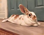 2023 5:4 alexpahomov ambiguous_gender big_ears black_eyes brown_markings digital_media_(artwork) digital_painting_(artwork) domestic_rabbit feral fur hi_res lagomorph leporid lying mammal markings on_front oryctolagus painting_(artwork) quadruped rabbit short_fur solo whisker_spots whiskers white_body white_fur