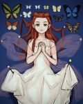  1girl ace_attorney braid bug butterfly dahlia_hawthorne dress grey_eyes highres long_hair looking_at_viewer needle own_hands_clasped own_hands_together pinned red_hair renshu_usodayo sleeveless smile solo white_dress 
