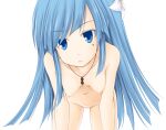  1girl blue_eyes blue_hair breasts completely_nude flower hair_flower hair_ornament highres long_hair looking_at_viewer mages. mole mole_under_eye navel neptune_(series) nipples nude pussy simple_background small_breasts solo tapioka_(coconuts) white_background 