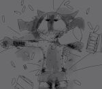 2021 anthro blood bodily_fluids bravo_(bravobunny) bravobunny briefs briefs_only bulge clothed clothing disembodied_penis genitals greyscale hi_res holding_penis lagomorph leporid looking_up lying male male_anthro mammal monochrome on_back open_mouth open_smile penis rabbit scar self-harm self-harm_scars smile solo sweat topless underwear underwear_only