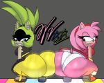 afrosoricid amy_rose anthro big_butt blue_eyes bottom_heavy breasts butt butt_on_butt butt_squish crouching dance_floor duo eulipotyphlan female fur green_body green_eyes green_fur hedgehog hi_res huge_butt idw_publishing looking_back mammal motion_blur narrowed_eyes pink_body pink_fur sega sharp_teeth small_breasts smug_grin sonic_the_hedgehog_(comics) sonic_the_hedgehog_(idw) sonic_the_hedgehog_(series) squish surge_the_tenrec teeth tenrec thick_thighs tiptoes twerking wide_hips wifeyvoo