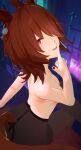  1girl agnes_tachyon_(umamusume) ahoge animal_ear_piercing animal_ears black_pantyhose blender_(medium) breasts chemical_structure commentary couch crossed_legs earrings english_commentary finger_to_mouth from_above hair_between_eyes highres horse_ears horse_girl horse_tail jewelry laboratory looking_at_viewer looking_back medium_breasts nail_polish pantyhose red_eyes rs_lewd single_earring solo tail teeth tongue umamusume upper_teeth_only wolf_cut 