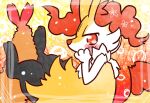 2022 ambiguous_anthro ambiguous_gender annyui0611 anthro biped blush braixen canid covering covering_mouth digital_drawing_(artwork) digital_media_(artwork) digitigrade dipstick_tail food full-length_portrait generation_6_pokemon hi_res japanese_description looking_at_viewer mammal markings nintendo object_in_tail pokemon pokemon_(species) portrait shrimp_(food) side_view snout solo tail tail_markings translated_description