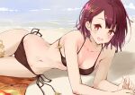  1girl :d atelier_(series) atelier_sophie bangs beach bikini black_bikini blush breasts cleavage collarbone day eyebrows_visible_through_hair groin hair_ornament highres looking_at_viewer lying medium_breasts medium_hair minidraco navel on_side open_mouth outdoors red_eyes red_hair shiny shiny_hair side-tie_bikini sideboob smile solo sophie_neuenmuller summer swimsuit thigh_gap thighlet 