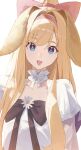  1girl :d absurdres animal_ears arknights black_bow blonde_hair blue_eyes bow brigid_(arknights) brigid_(bedtime_story)_(arknights) chest_bow chinese_commentary collar commentary detached_collar dog_ears dress floppy_ears flower frilled_collar frills hair_bow hair_intakes hairband high_ponytail highres long_hair looking_at_viewer official_alternate_costume open_mouth pink_bow pink_hairband ponytail short_sleeves simple_background smile solo upper_body white_background white_dress white_flower xuegao_ice 