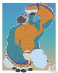2026 4:5 abs absurd_res avian beak biceps black_beak border breath_of_the_wild brown_eyes bulge clothing flat_colors flexing forearm_muscles fuenmax gradient_background hi_res kass_(tloz) kneeling lines_drawn male multicolored_body muscular muscular_male nintendo pecs rito serratus simple_background the_legend_of_zelda underwear white_border