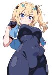 1girl absurdres blonde_hair blue_capelet blue_eyes blush breasts capelet closed_mouth commentary_request covered_navel cowboy_shot double-parted_bangs f-35_lightning_ii flying_sweatdrops from_below gloves hair_intakes hair_ornament half_gloves hand_on_own_stomach hand_up highres large_breasts leotard lightning_bolt_hair_ornament lightning_bolt_symbol one_side_up original personification small_sweatdrop white_background wucandan_de_gangtanke 
