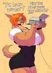  anthro big_breasts bottomwear breasts canid canine clothing conditional_dnp dialogue english_text eyewear female glasses green_eyes hair holding_object huge_breasts jollyjack mammal movie_reference muscular muscular_female office office_lady office_space printer red_hair skirt solo text were werecanid werecanine werewolf 