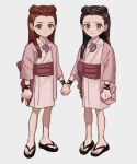  ace_attorney black_hair child dahlia_hawthorne grey_eyes highres holding_hands iris_(ace_attorney) japanese_clothes matching_hairstyle matching_outfit red_hair renshu_usodayo sandals siblings simple_background sisters tearing_up younger 