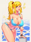  1girl absurdres arm_under_breasts bikini blonde_hair blue_bikini blue_eyes bracelet breasts cleavage collarbone commission english_commentary eyelashes hair_between_eyes hairband high_ponytail highres jewelry large_breasts leaning_on_object lips lipstick long_hair looking_at_viewer makeup metroid mole mole_under_mouth nose parted_bangs ponytail samus_aran sidelocks simple_background solo swimsuit thick_thighs thighs topsu upper_body water 