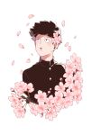  1boy black_eyes black_hair buttons cherry_blossoms commentary cropped_torso english_commentary flower gakuran highres inoue0408 kageyama_shigeo long_sleeves male_focus mob_psycho_100 parted_lips petals pink_flower rose_petals school_uniform short_hair simple_background solo 