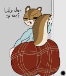 akira-senpai_(paper_rabbit_rope) aliasing anthro artist_logo artist_name bedroom_eyes big_butt bottomwear brown_body brown_fur bubble_butt buckteeth butt chipmunk clothing countershade_face countershade_tail countershading curvy_figure dialogue digital_media_(artwork) english_text eyelashes femboy fur ground_squirrel hi_res huge_butt huge_hips huge_thighs logo looking_at_viewer looking_back looking_back_at_viewer male mammal narrowed_eyes pants paper_rabbit_rope pattern_bottomwear pattern_clothing pattern_pants plaid plaid_bottomwear plaid_clothing plaid_pants rear_view rodent sciurid seductive shirt signature small_waist solo tail teeth text thatdawgmurray thick_thighs topwear wasp_waist wide_hips
