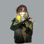  1girl absurdres black_coat black_gloves braces brown_eyes brown_hair coat creature fairy gloves grey_background hands_up highres long_hair looking_at_viewer reverse:1999 sample_watermark shei00 solo tooth_fairy_(reverse:1999) upper_body watermark 