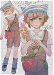  1boy absurdres adjusting_eyewear alternate_costume animal_hat arm_up bag basil_(faraway)_(omori) basil_(omori) blonde_hair blue_eyes blue_hat brown_overalls cat_hat chibi collared_shirt commentary_request double-parted_bangs hair_between_eyes hat highres kanaraki leg_warmers looking_at_viewer male_focus omori one_eye_closed open_mouth overall_shorts overalls red_bag shirt shoes short_hair short_sleeves sidelocks sneakers solo sweatdrop teeth translation_request two-tone_hat upper_teeth_only white_hat white_leg_warmers white_shirt white_shoes 