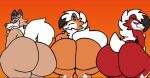 ambiguous_gender anthro anthrofied big_butt blush butt dusk_lycanroc embarrassed eyes_closed generation_7_pokemon gradient_background group huge_butt kmcrawolfy looking_back lycanroc midday_lycanroc midnight_lycanroc nintendo pokemon pokemon_(species) simple_background smile smirk trio