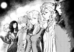 3boys 3girls ascot braid chaldea_logo chaldea_security_organization closed_mouth commentary_request fate/grand_order fate_(series) frown glasses greyscale hand_on_own_hip high_collar high_ponytail leonardo_da_vinci_(caster)_(fate) leonardo_da_vinci_(fate) lev_lainur_flauros lineup long_hair looking_at_viewer looking_back marisbury_animusphere mash_kyrielight monochrome multiple_boys multiple_girls olga_marie_animusphere parted_lips ponytail qaiohce85247 romani_archaman short_hair side_braid sideways_glance smile upper_body 