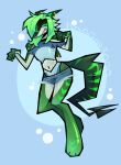 absurd_res anthro aquatic big_butt big_tail blue_background blue_clothing blue_wall bottomwear butt claws clothing cute_fangs digital_media_(artwork) doggie3000 ear_piercing fangs femboy fin fin_piercing fish food fruit full-length_portrait furgonomic_piercing furgonomics gradient_body green_body green_eyes green_hair grenzeshark hair hi_res lime lime_eyes lime_green male paws piercing plant portrait requiem_shark shark shark_fin shark_teeth shorts simple_background solo striped_body stripes swimming swimwear tail teeth tiger_shark