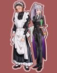  1boy 1girl apron apron_lift black_dress black_hair black_necktie black_pants black_suit blush chiroru_41 clothes_lift commentary_request crossdressing crossdressing_(ftm) crossdressing_(mtf) dress dress_shoes emilia_(re:zero) enbutlered enmaided flower full_body grey_hair hair_flower hair_ornament hair_ribbon high_ponytail highres long_hair long_sleeves looking_down looking_to_the_side maid maid_apron maid_headdress natsuki_subaru necktie outline pants ponytail purple_ribbon re:zero_kara_hajimeru_isekai_seikatsu red_background ribbon short_hair suit sweat tailcoat yellow_ribbon 