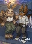 4_arms absurd_res antennae_(anatomy) anthro arthropod black_body black_claws black_fur black_sclera black_skin blush bottomwear brown_body brown_eyes brown_fur camera cargo_pants claws clothed clothing crop_top digitigrade dragon ear_tuft english_text eyewear feathered_wings feathers fireworks flesh_fang floof_(binaryfloof) fur furred_dragon furred_scalie gesture glasses hand_gesture hand_holding hand_on_shoulder hi_res insect insect_wings kintsugi_(art) lepidopteran lepidopteran_wings looking_up makotoo moth multi_arm multi_limb mythological_creature mythological_scalie mythology neck_tuft open_mouth pants pointing scalie shirt smile snout striped_body striped_fur stripes tail tail_tuft tan_body tan_fur tarrgon text topwear tuft white_clothing white_eyes white_fingers white_shirt white_topwear white_wings wings