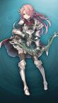  1girl adah_(grimms_notes) adah_(shinsei)_(grimms_notes) aqua_background arm_guards armor armored_boots arrow_(projectile) artist_request black_gloves black_thighhighs boots bow_(weapon) braid breasts cape dress flower full_body game_asset gloves green_dress grey_armor grey_boots grimms_notes hair_flower hair_ornament hair_over_one_eye high_collar holding holding_arrow holding_bow_(weapon) holding_weapon non-web_source official_art one_eye_covered parody pauldrons pink_hair red_cape red_flower red_rose rose shoulder_armor single_pauldron solo style_parody thighhighs weapon 