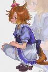 1girl animal_ears bow bowtie breasts brown_shoes commentary crown hair_between_eyes highres horse_ears horse_girl horse_tail jiye_p1 mini_crown orange_hair orange_tail pink_crown pleated_skirt puffy_short_sleeves puffy_sleeves purple_bow purple_bowtie purple_eyes purple_shirt sailor_collar sailor_shirt school_uniform shirt shoes short_hair short_sleeves skirt solo squatting t.m._opera_o_(umamusume) tail thighhighs tracen_school_uniform umamusume white_sailor_collar white_skirt white_thighhighs zoom_layer 