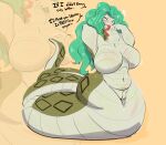 absurd_res animal_humanoid anthro apode big_breasts blush boa_(snake) boa_sandersonia bodily_fluids breasts digital_media_(artwork) draconcopode female genitals green_hair hair hi_res huge_breasts humanoid legless long_hair looking_at_viewer naga non-mammal_breasts nude one_piece red_breadd reptile reptile_humanoid scalie scalie_humanoid serpentine simple_background snake snake_humanoid solo tail thick_thighs tongue tongue_out vulva wide_hips