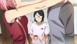  1boy 2girls arms_around_neck bangs bare_arms black_hair boruto:_naruto_next_generations cup embarrassed glasses grey_shirt grey_vest haruno_sakura head_out_of_frame holding holding_cup indoors jacket midriff multiple_girls naruto_(series) niku_(ni23ku) parted_bangs pink_hair red-framed_eyewear red_jacket shirt short_hair sleeveless sleeveless_jacket stomach sweatdrop uchiha_sarada uchiha_sasuke vest white_shirt wooden_floor 